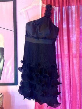 Miss Kelly Prom Dress Black One Shoulder Tulip Tiered Chiffon Women’s Medium